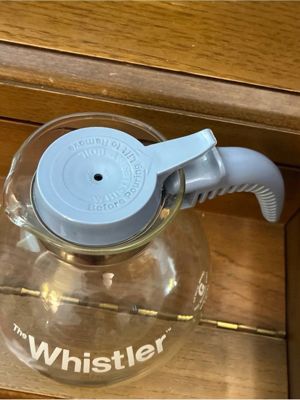 Retro Gemco The Whistler Glass Stovetop Coffee Tea Kettle Pot 8 Cup BLUE Handle